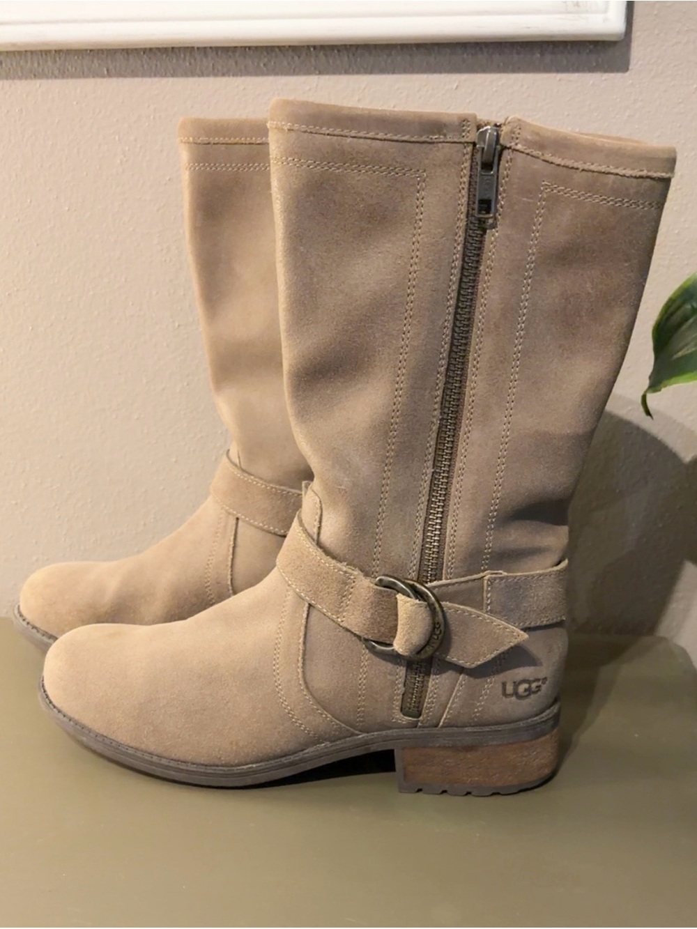 UGG Silva Fawn Suede Moto Harness Boots Snake Zip Women’s Size 8